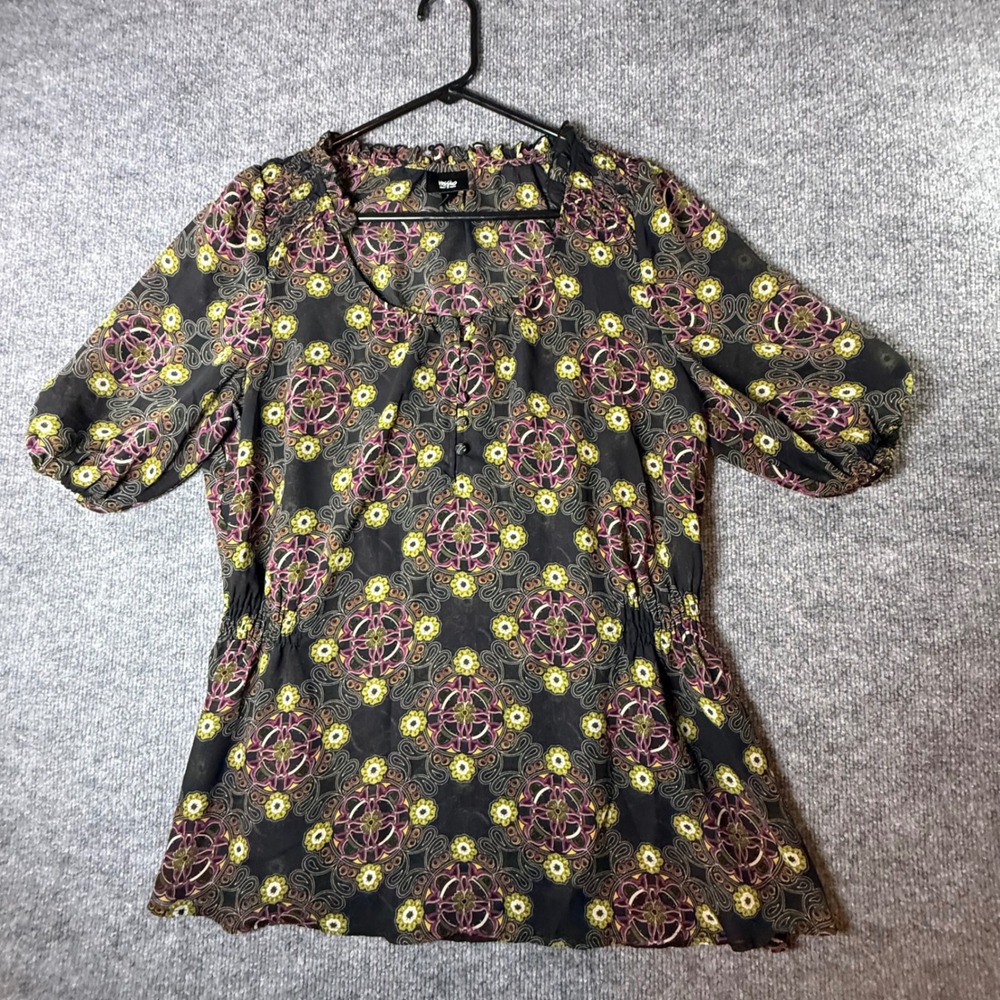 Mossimo Women Black‎ Pink Medallion Print Sheer Smocked Waist Peplum Blouse L